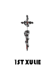 1ST XULIE "Snake Bite" Statement Sword Chain Dangle Earrings in Platinum Plate - Lifestyle Shot