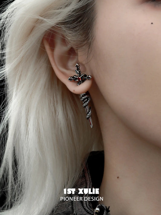 1ST XULIE "Snake Bite" Statement Sword Chain Dangle Earrings in Platinum Plate - On Model