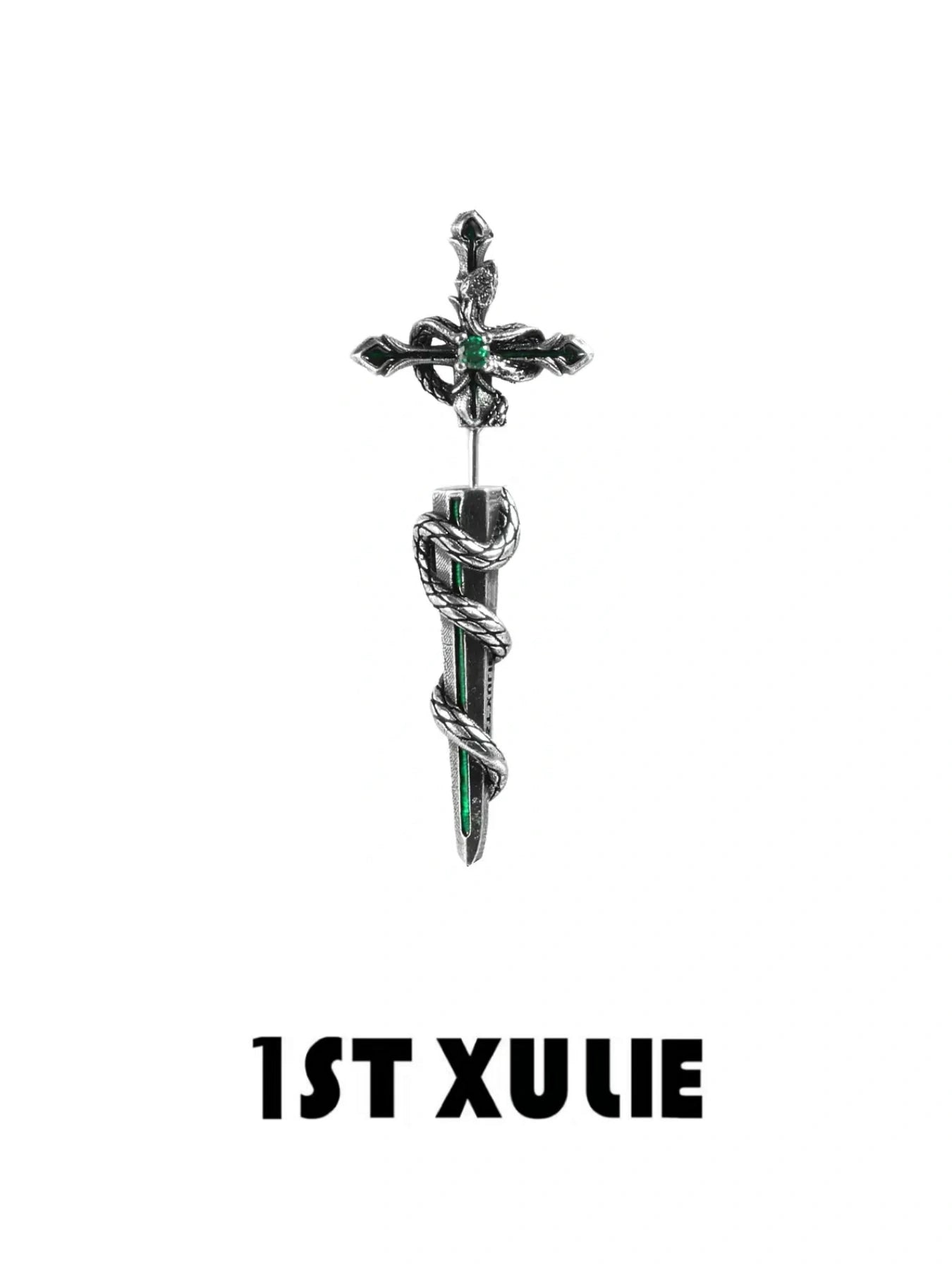 1ST XULIE "Snake Bite" Statement Sword Chain Dangle Earrings in Platinum Plate - Side View