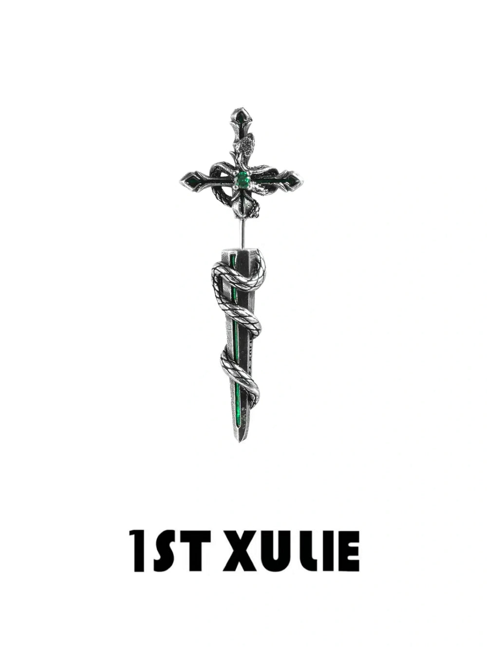 1ST XULIE "Snake Bite" Statement Sword Chain Dangle Earrings in Platinum Plate - Side View