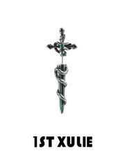 1ST XULIE "Snake Bite" Statement Sword Chain Dangle Earrings in Platinum Plate - Side View