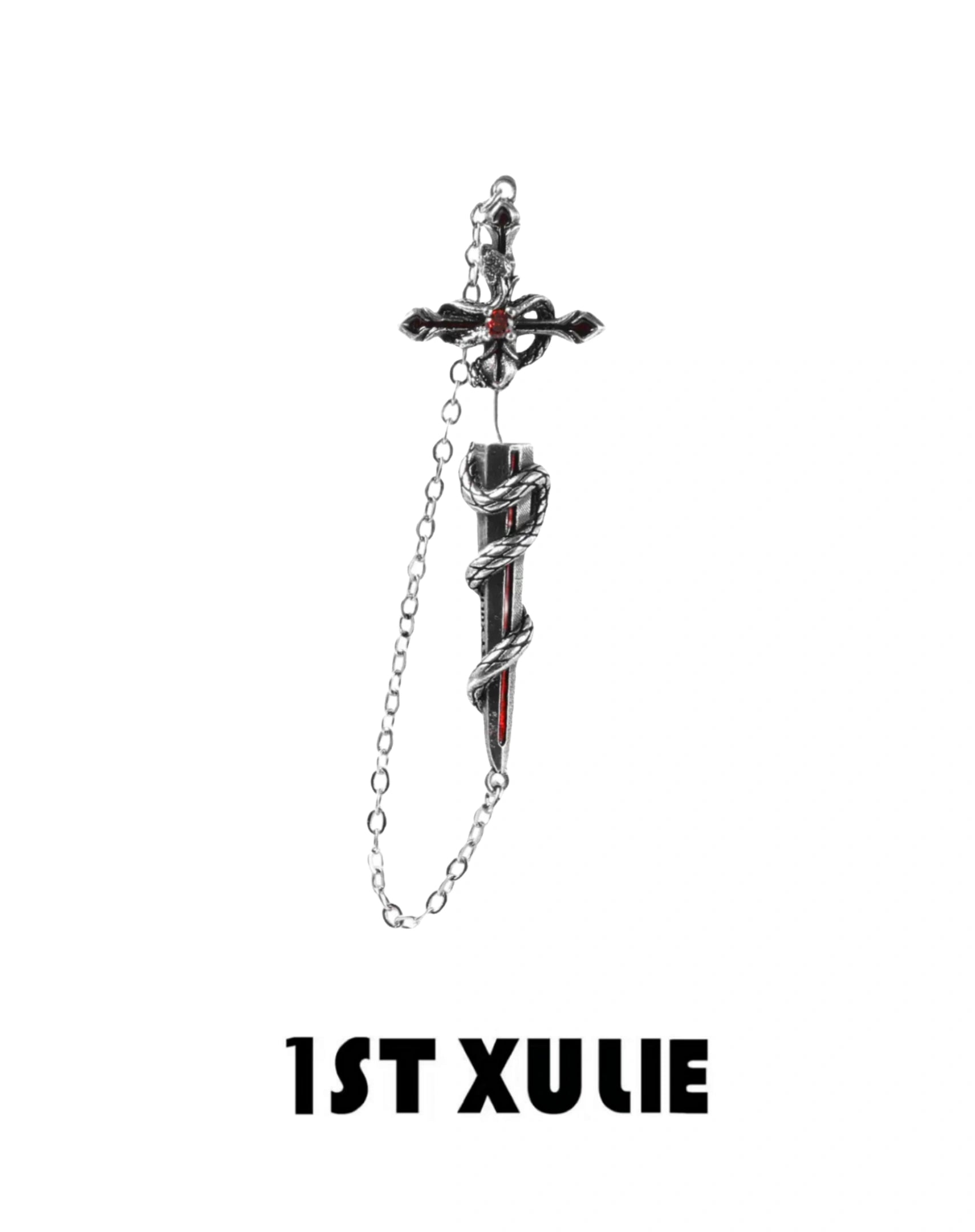 1ST XULIE "Snake Bite" Statement Sword Chain Dangle Earrings in Platinum Plate - Texture Detail