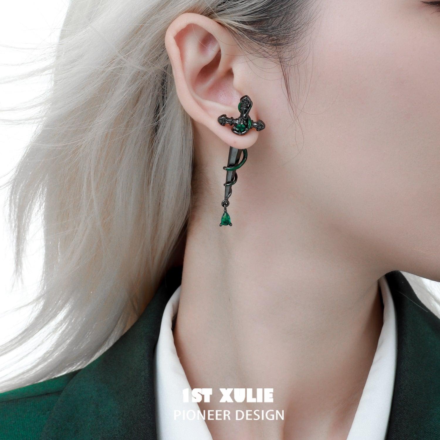 1ST XULIE "Slytherin House" Gothic Snake Sword Dangle Stud Earrings in Platinum Plated - Detail Shot