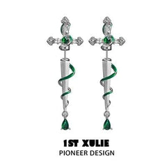 1ST XULIE "Slytherin House" Gothic Snake Sword Dangle Stud Earrings in Platinum Plated - Packaging View