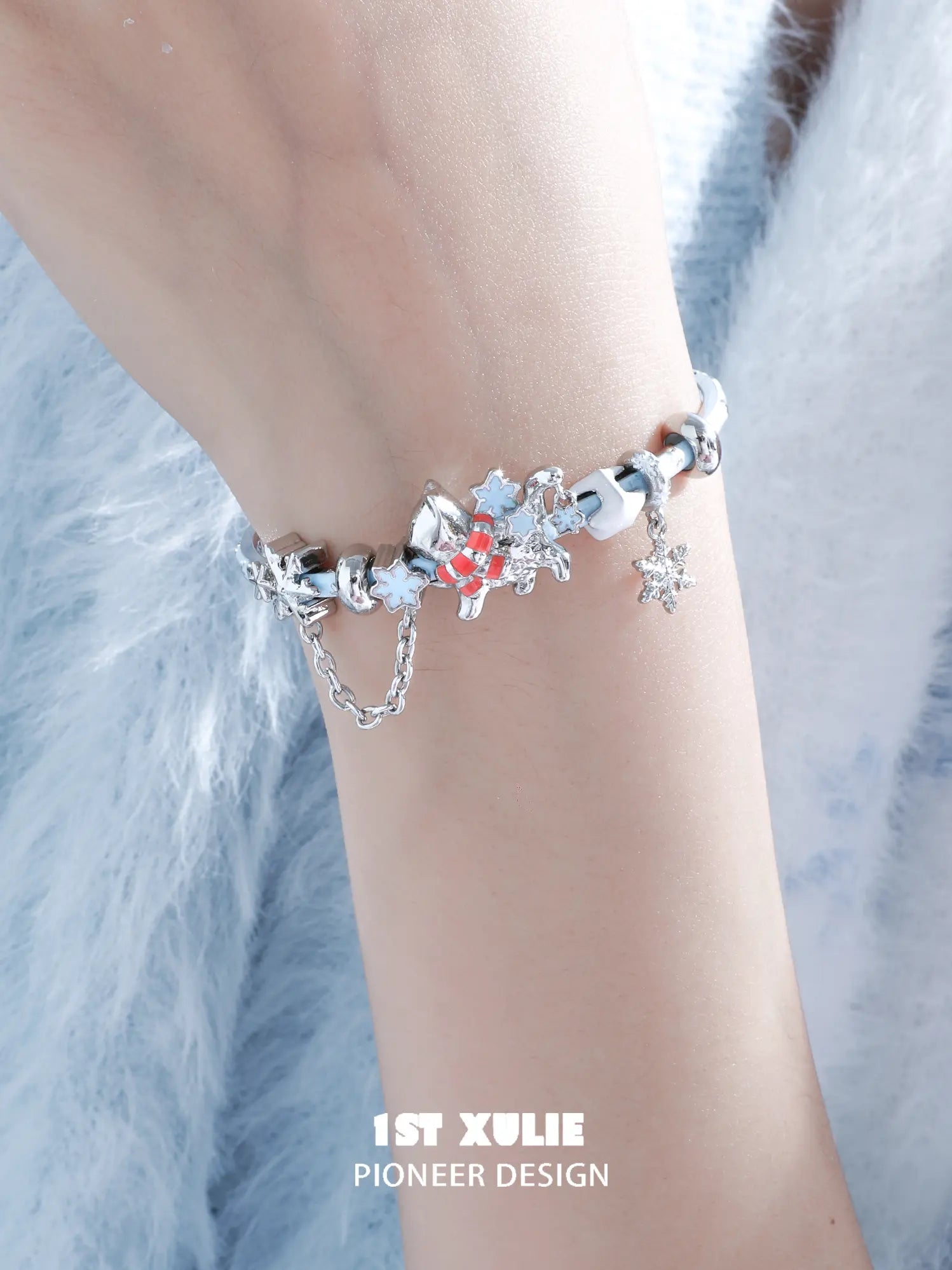 1ST XULIE Jewelry "Snowy Cuties" Snow Kitten & Pony Enamel Bracelet in Platinum Plated Brass - Angle 2
