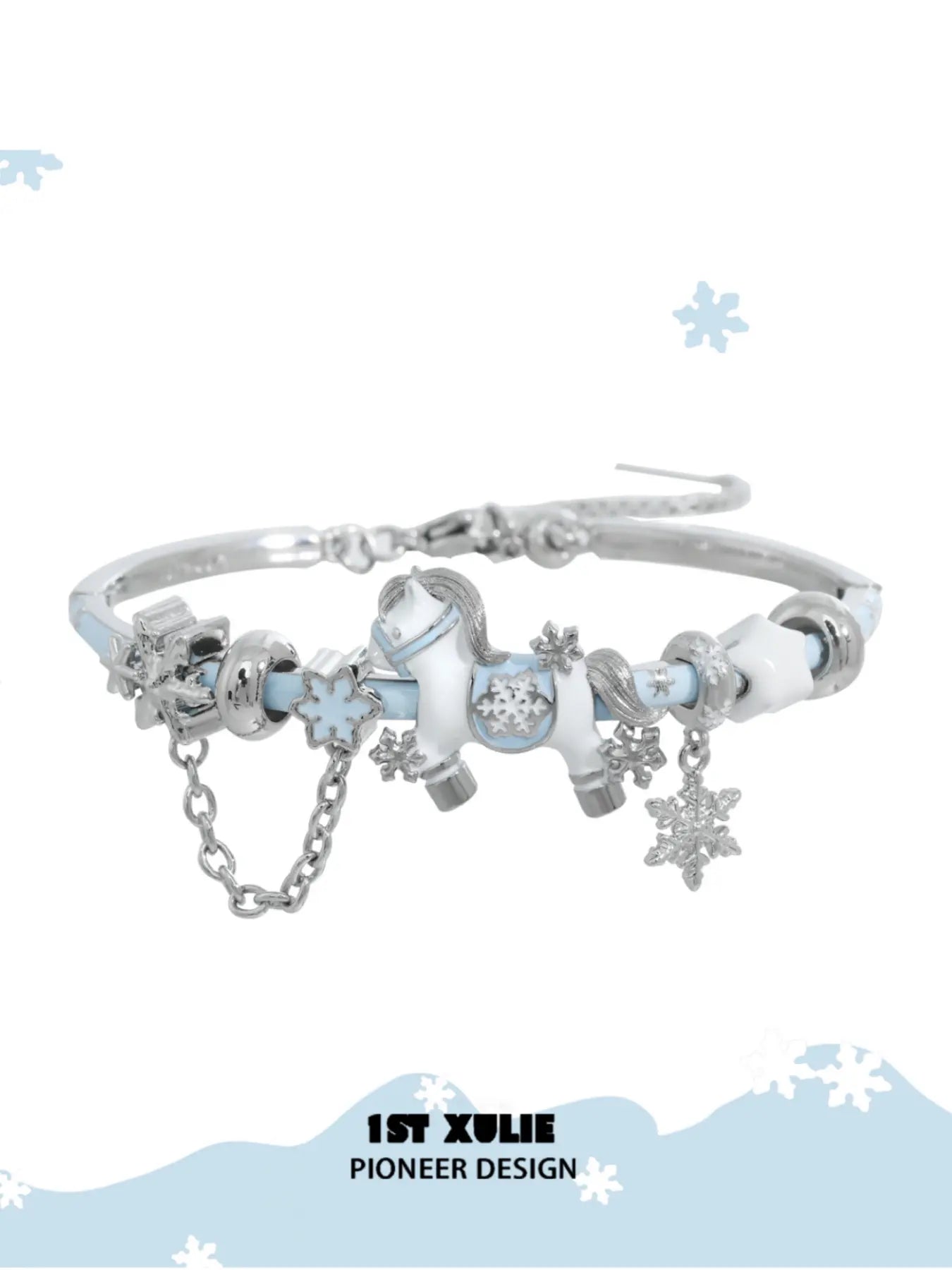 1ST XULIE Jewelry "Snowy Cuties" Snow Kitten & Pony Enamel Bracelet in Platinum Plated Brass - Lifestyle Shot