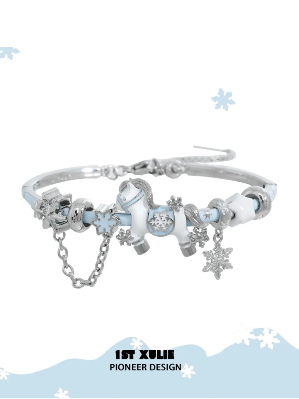 1ST XULIE Jewelry "Snowy Cuties" Snow Kitten & Pony Enamel Bracelet in Platinum Plated Brass - Lifestyle Shot