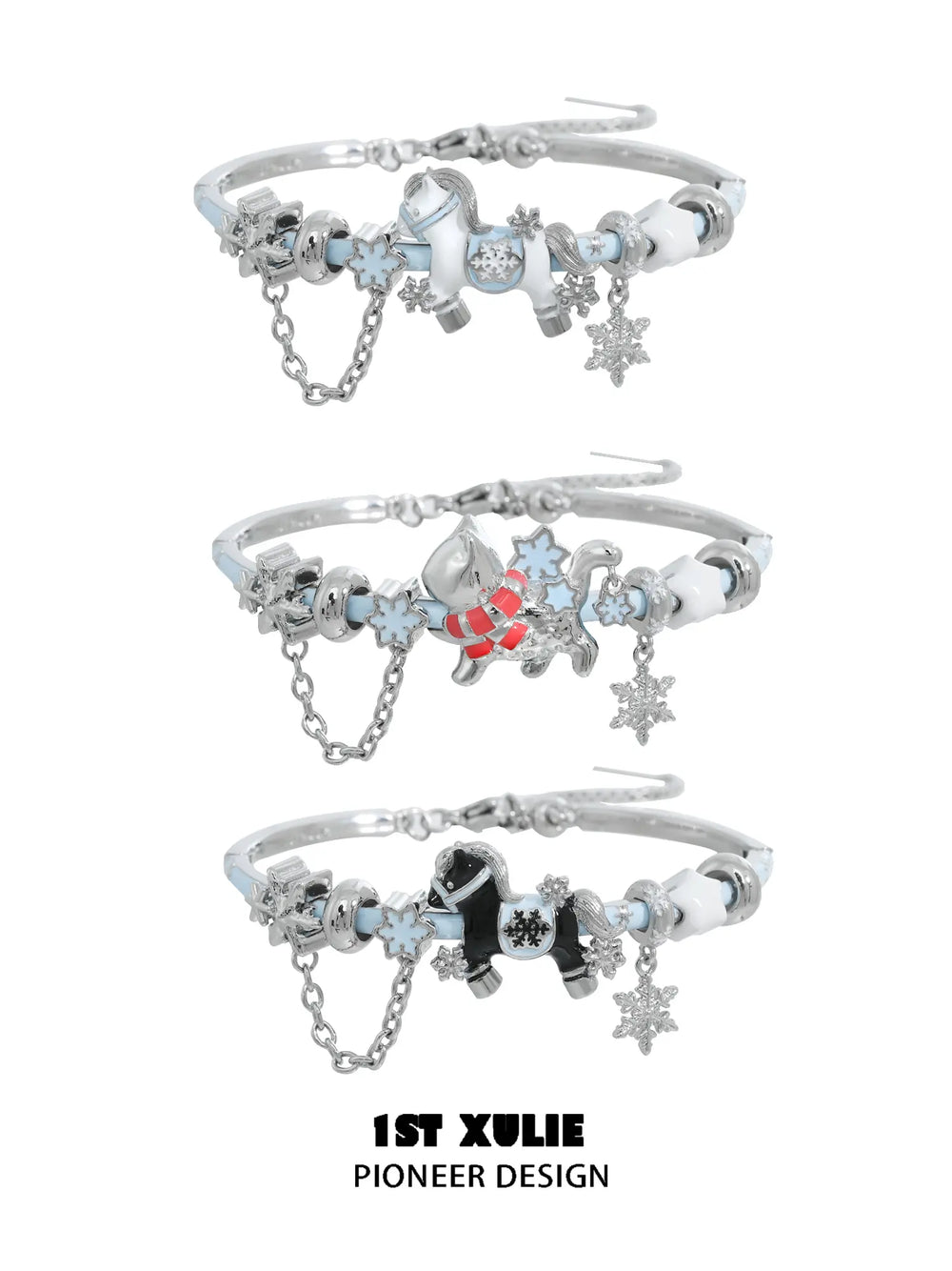 1ST XULIE Jewelry "Snowy Cuties" Snow Kitten & Pony Enamel Bracelet in Platinum Plated Brass - Product View