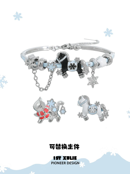 1ST XULIE Jewelry "Snowy Cuties" Snow Kitten & Pony Enamel Bracelet in Platinum Plated Brass - On Model