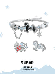 1ST XULIE Jewelry "Snowy Cuties" Snow Kitten & Pony Enamel Bracelet in Platinum Plated Brass - On Model