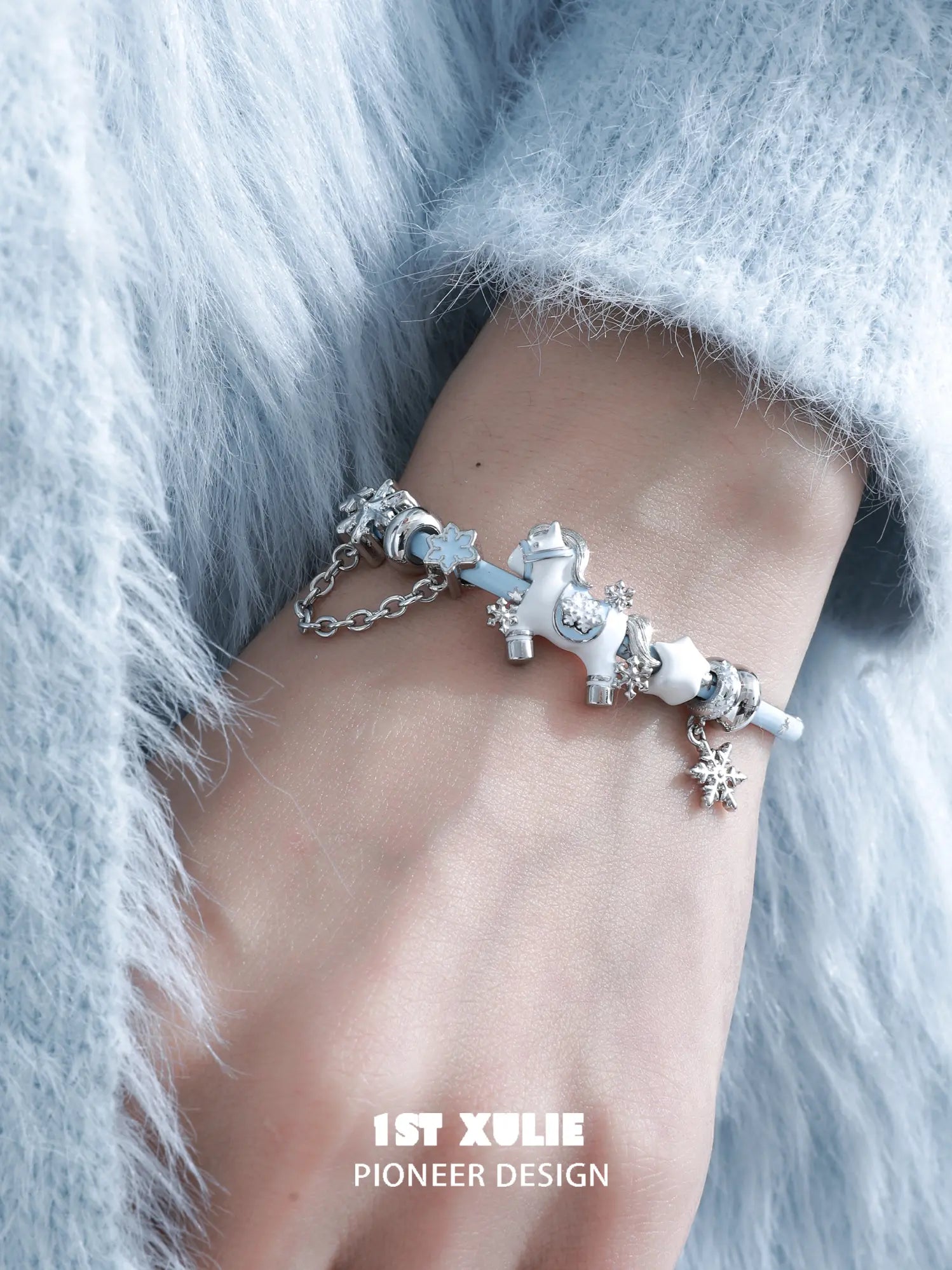 1ST XULIE Jewelry "Snowy Cuties" Snow Kitten & Pony Enamel Bracelet in Platinum Plated Brass - Size Comparison