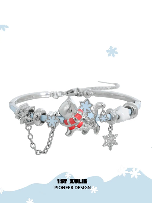 1ST XULIE Jewelry "Snowy Cuties" Snow Kitten & Pony Enamel Bracelet in Platinum Plated Brass - Texture