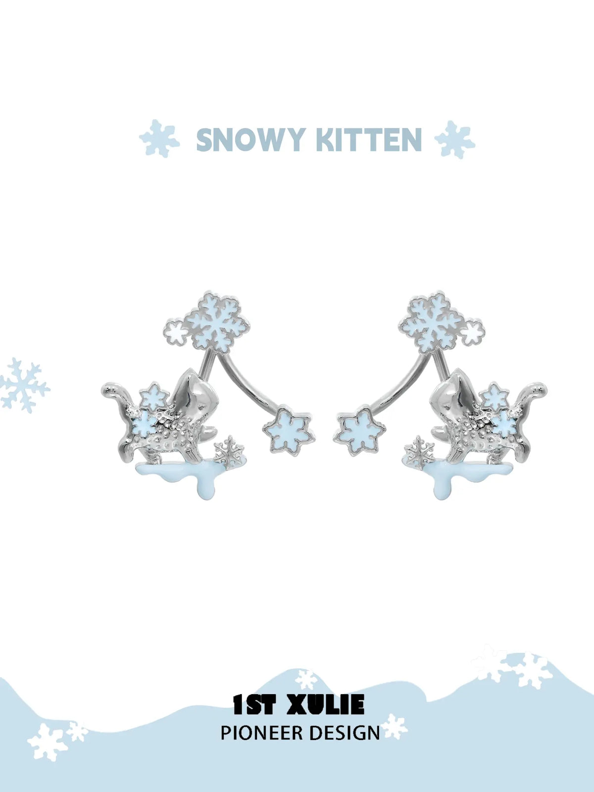 1ST XULIE Jewelry "Snowy Cuties" Snow Kitten Stud Fan Earrings in Platinum Plated - Packaging View
