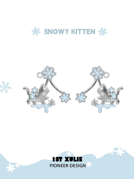 1ST XULIE Jewelry "Snowy Cuties" Snow Kitten Stud Fan Earrings in Platinum Plated - Packaging View