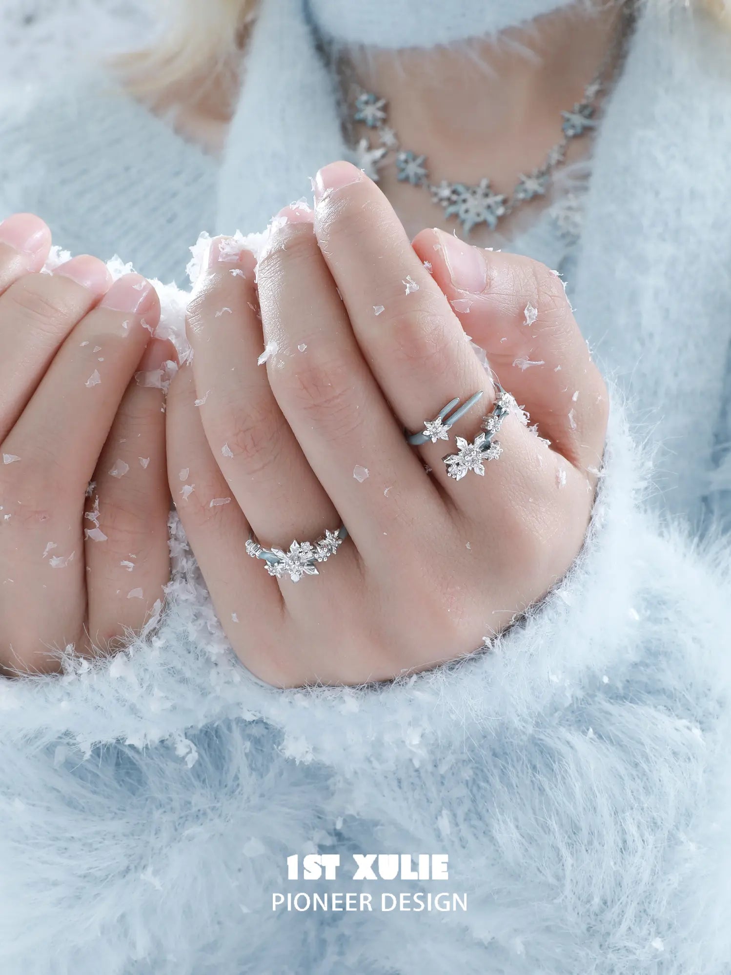 1ST XULIE Jewelry "Snow Land" Snowflake Adjustable Ring (Style A) in 925 Sterling Silver - On Model