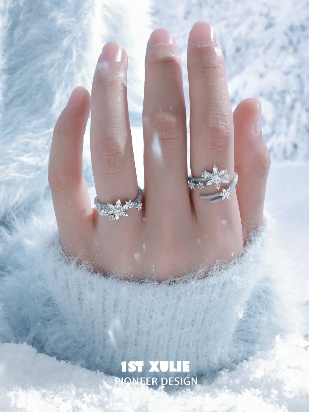 1ST XULIE Jewelry "Snow Land" Snowflake Adjustable Ring (Style B) in 925 Sterling Silver - On Model