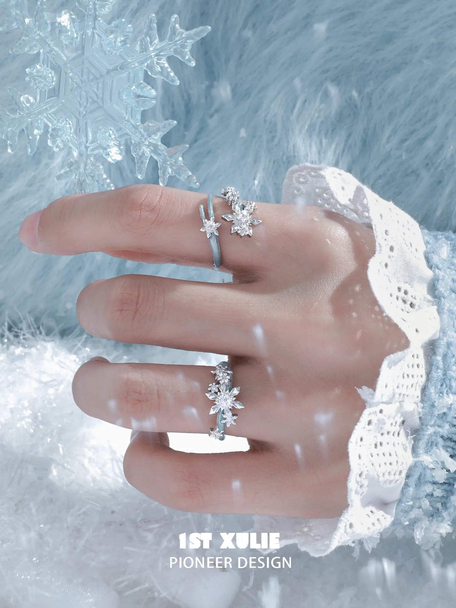 1ST XULIE Jewelry "Snow Land" Snowflake Adjustable Ring (Style A) in 925 Sterling Silver - Side View