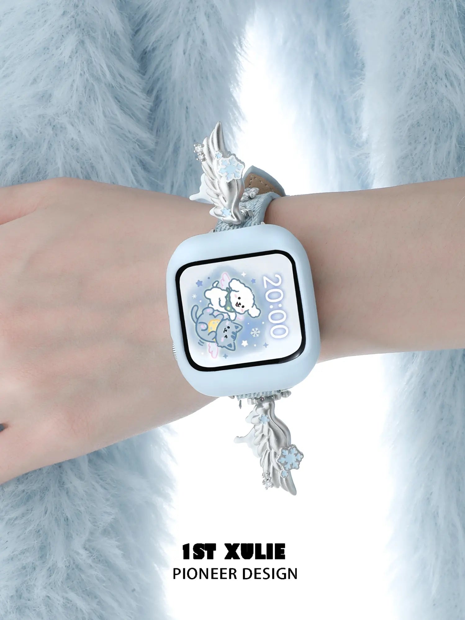 1ST XULIE "Snow Land" Snowflake Angel Wing Watch Band in Platinum Plated & Denim - Detail Shot