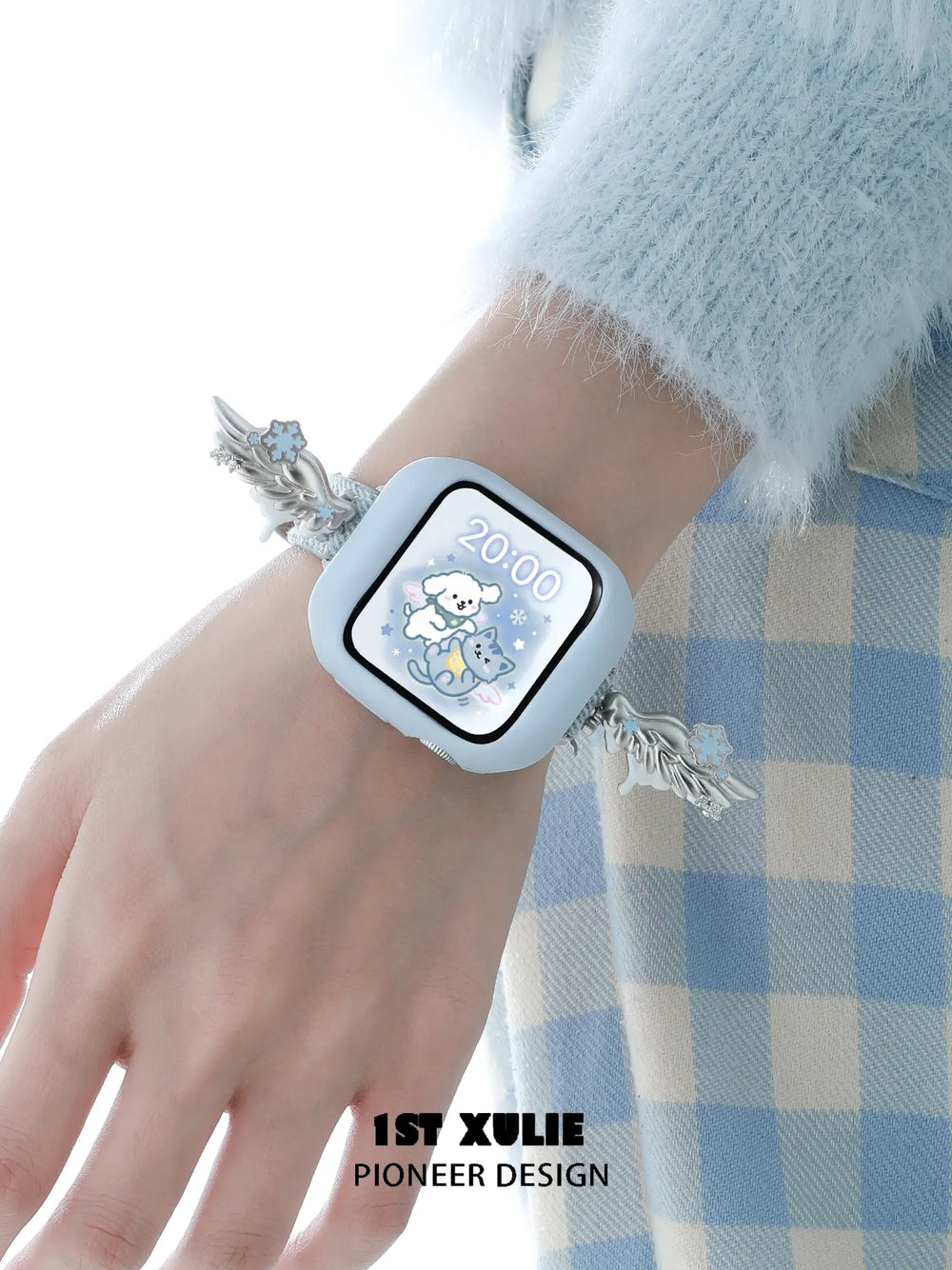 1ST XULIE "Snow Land" Snowflake Angel Wing Watch Band in Platinum Plated & Denim - On Model