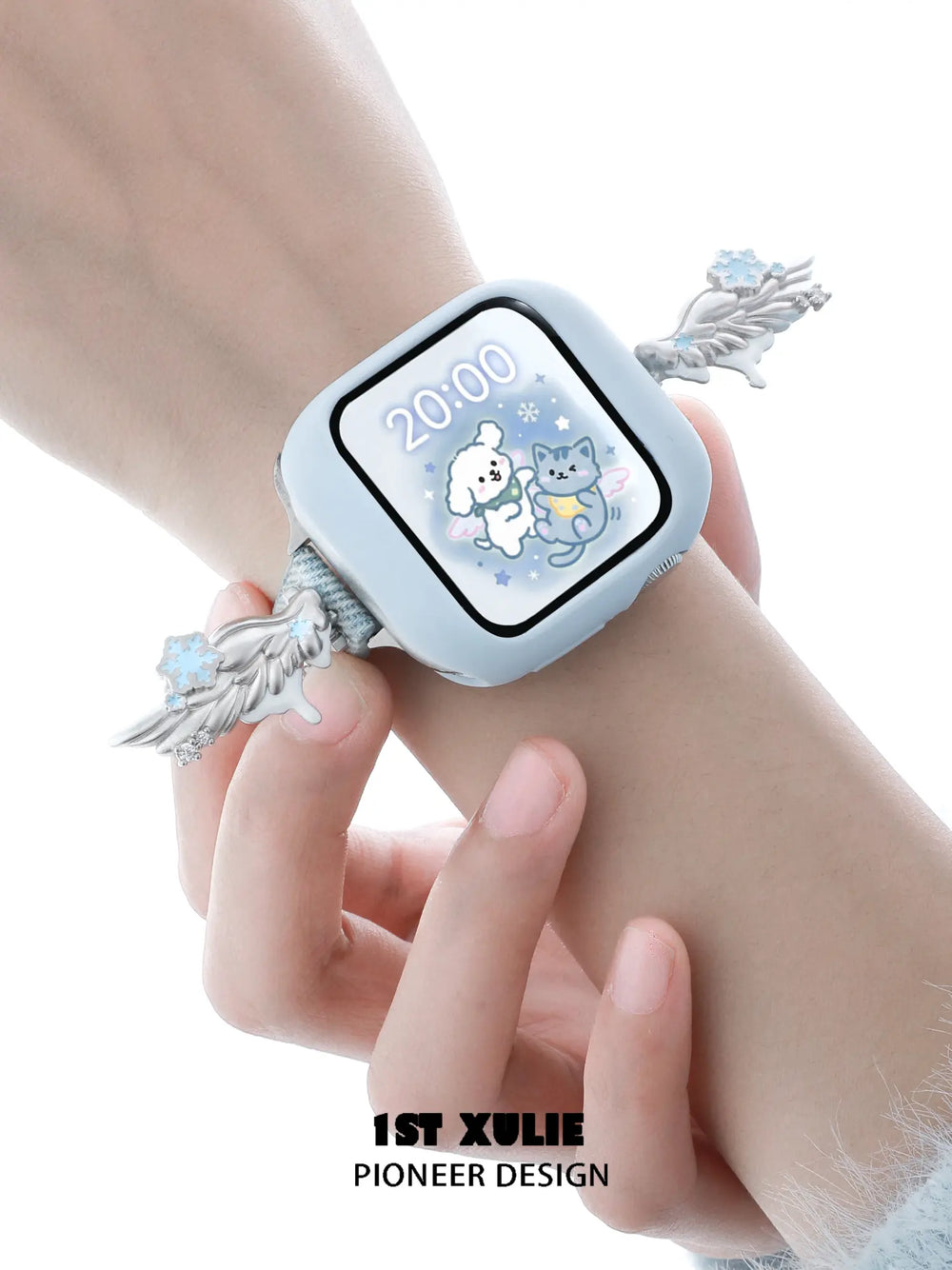 1ST XULIE "Snow Land" Snowflake Angel Wing Watch Band in Platinum Plated & Denim - Side View