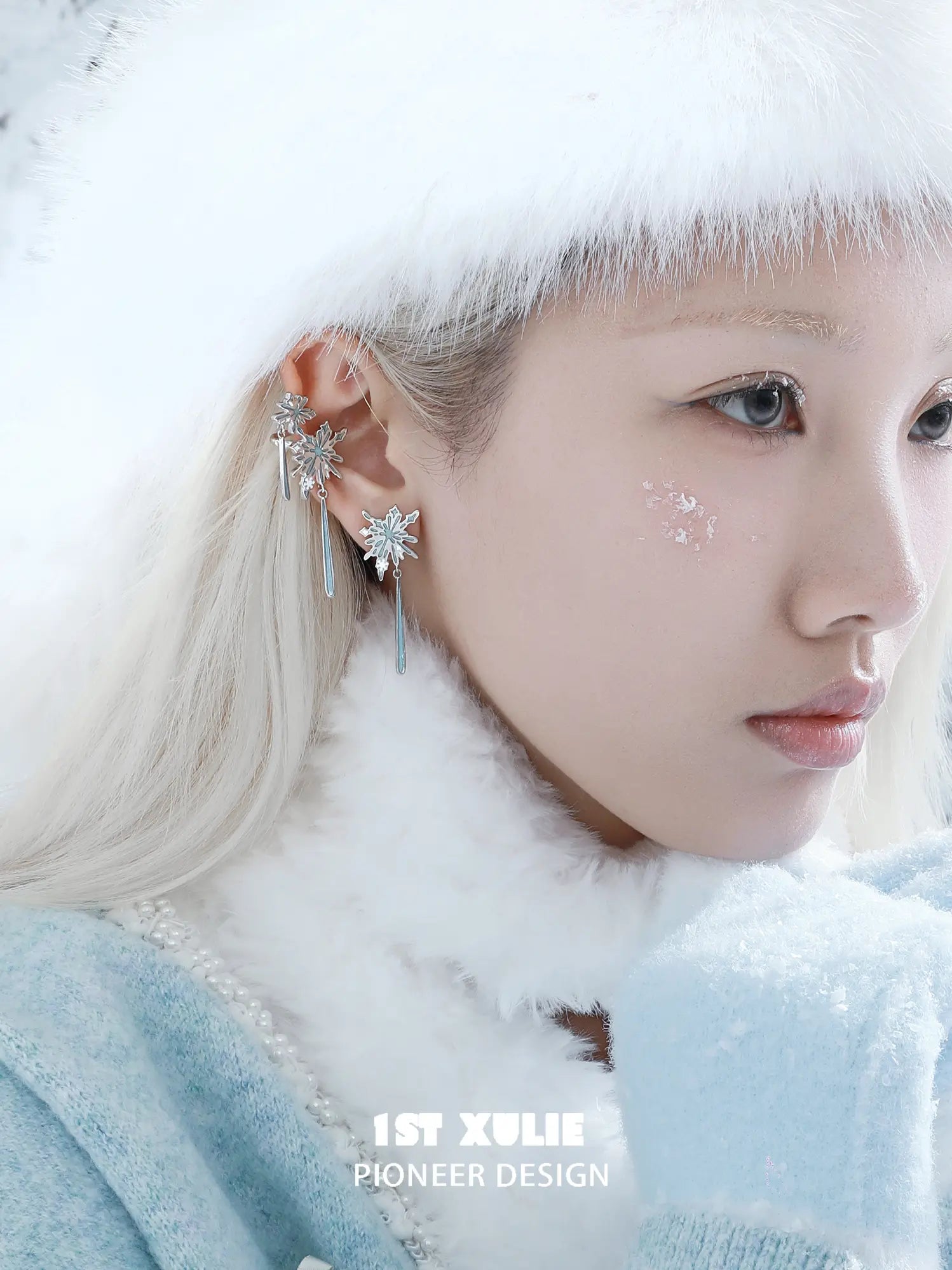 1ST XULIE Jewelry "Snow Land" Platinum Plated Snowflake Asymmetrical Ear Cuffs in Platinum - Detail Shot