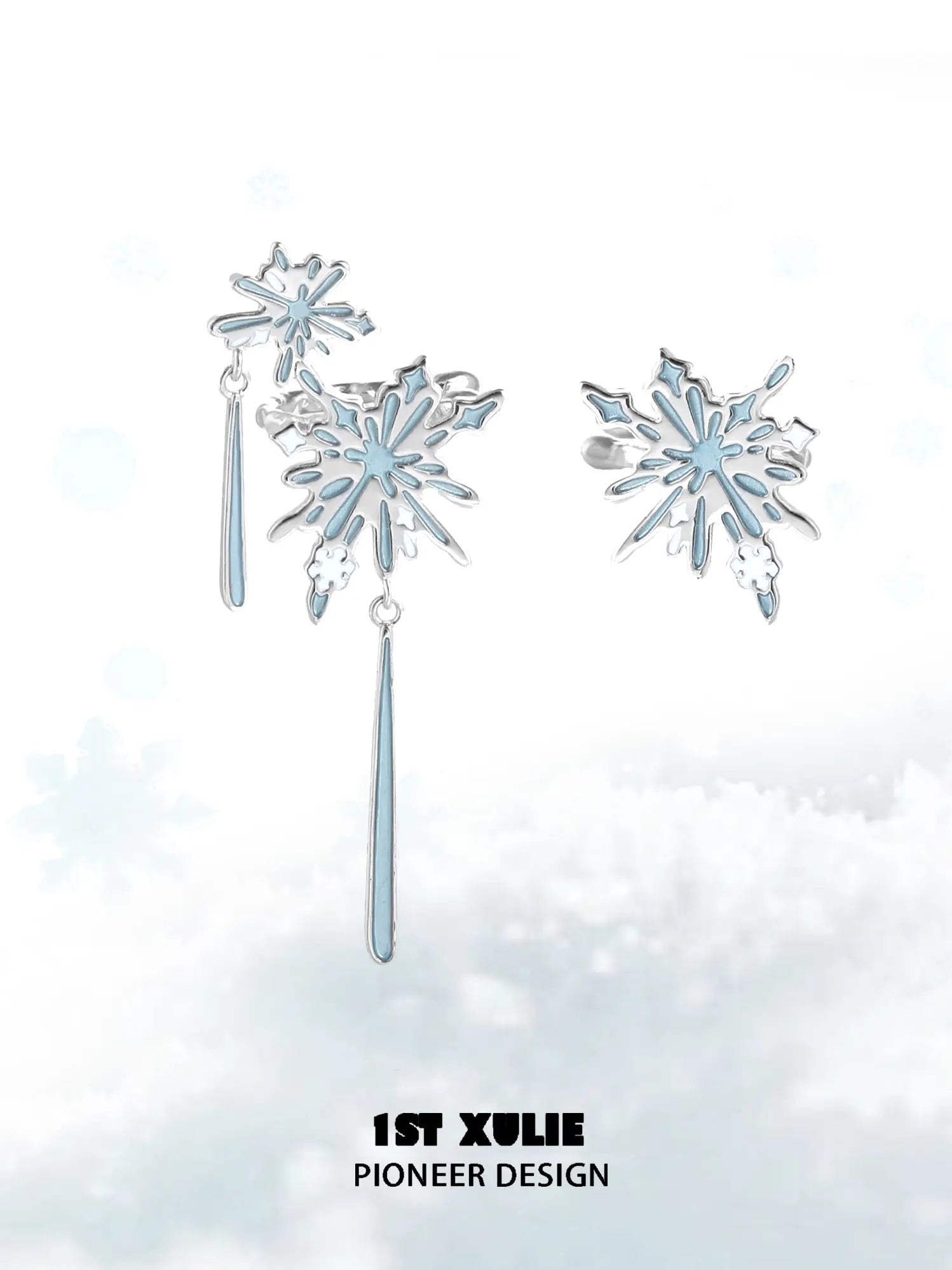1ST XULIE Jewelry "Snow Land" Platinum Plated Snowflake Asymmetrical Ear Cuffs in Platinum - On Model