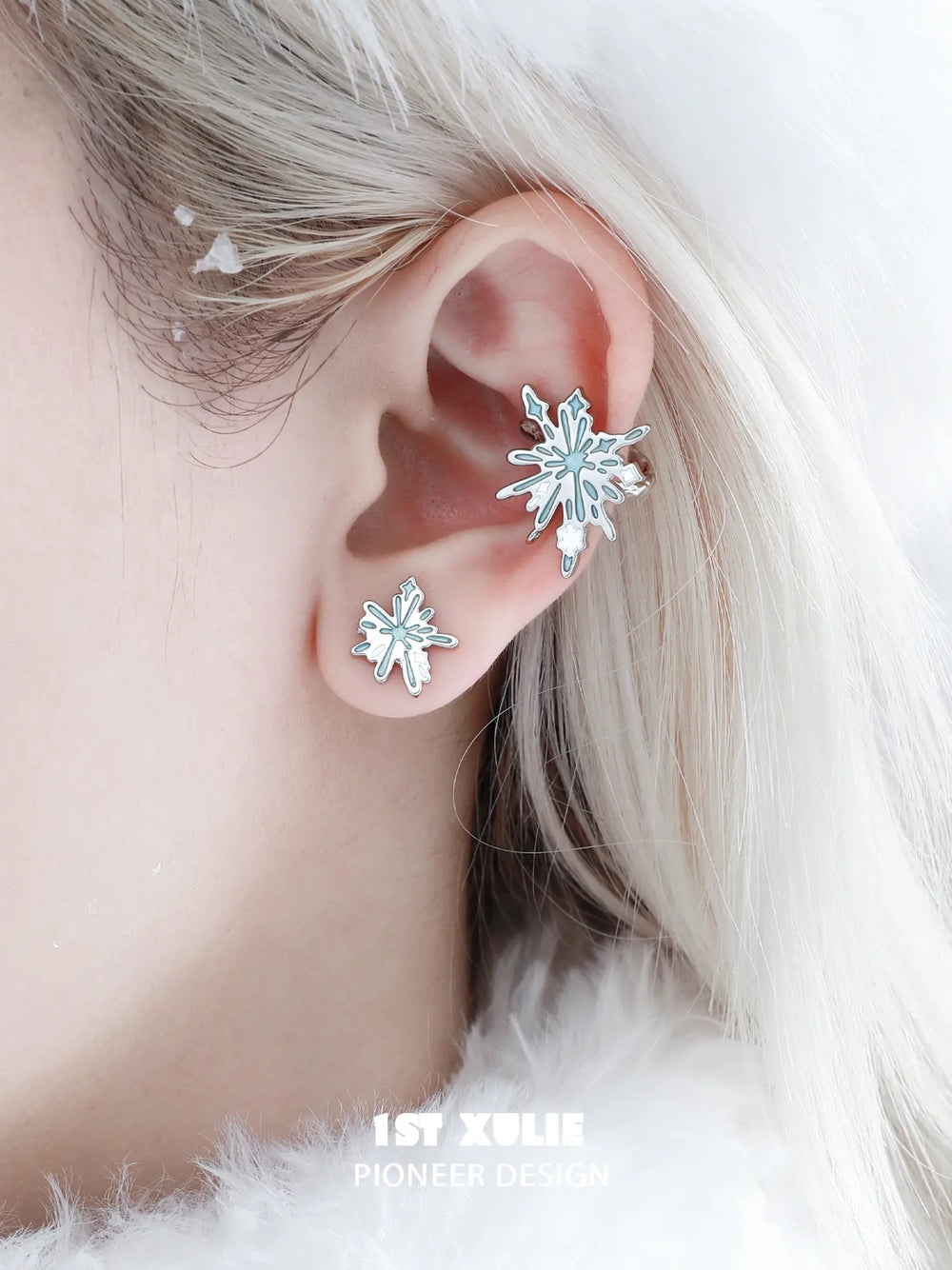 1ST XULIE Jewelry "Snow Land" Snowflake Asymmetrical Stud Earrings in Platinum Plated - Angle 2