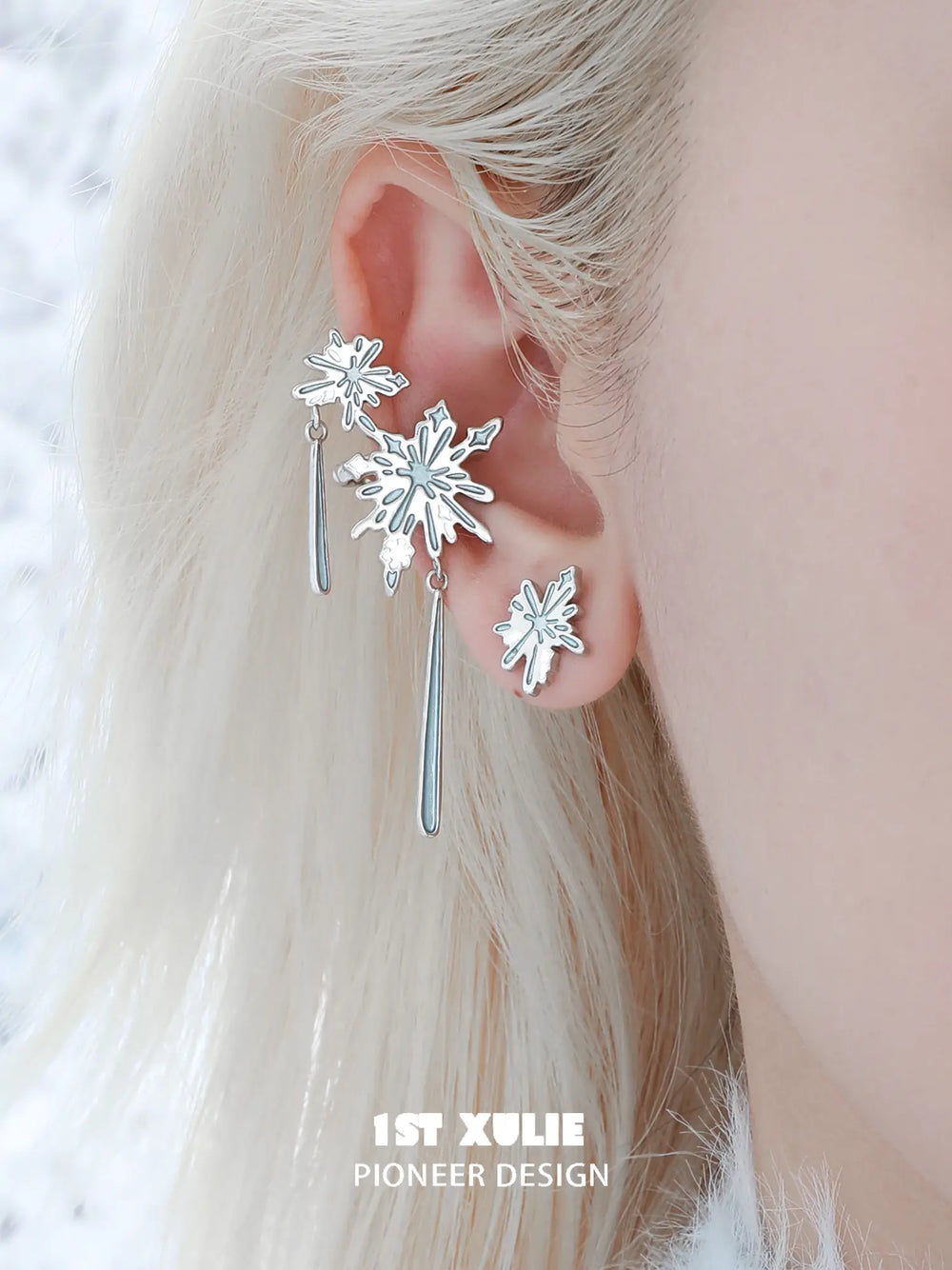 1ST XULIE Jewelry "Snow Land" Snowflake Asymmetrical Stud Earrings in Platinum Plated - Back View