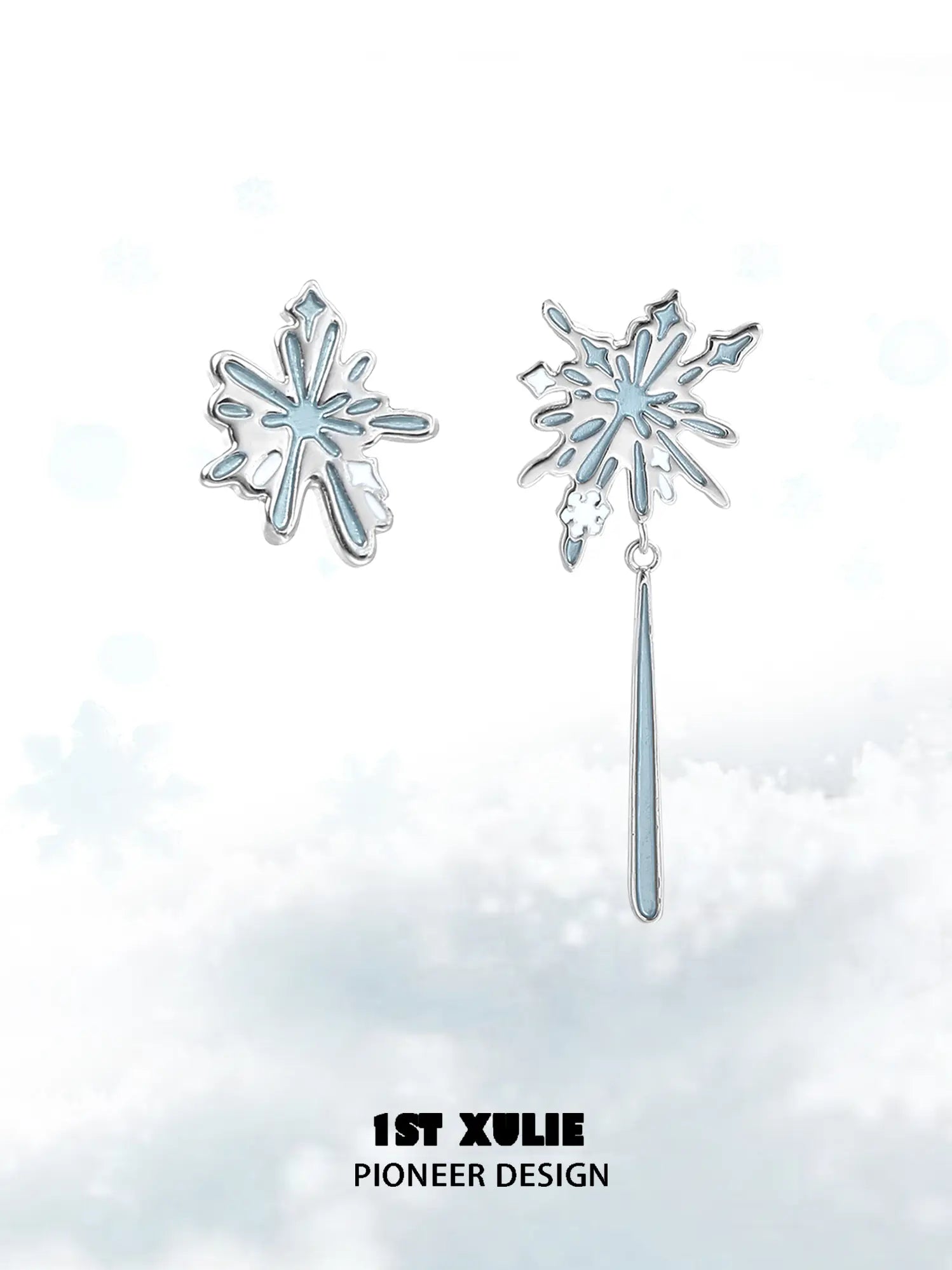 1ST XULIE Jewelry "Snow Land" Snowflake Asymmetrical Stud Earrings in Platinum Plated - Lifestyle Shot