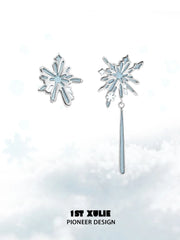 1ST XULIE Jewelry "Snow Land" Snowflake Asymmetrical Stud Earrings in Platinum Plated - Lifestyle Shot