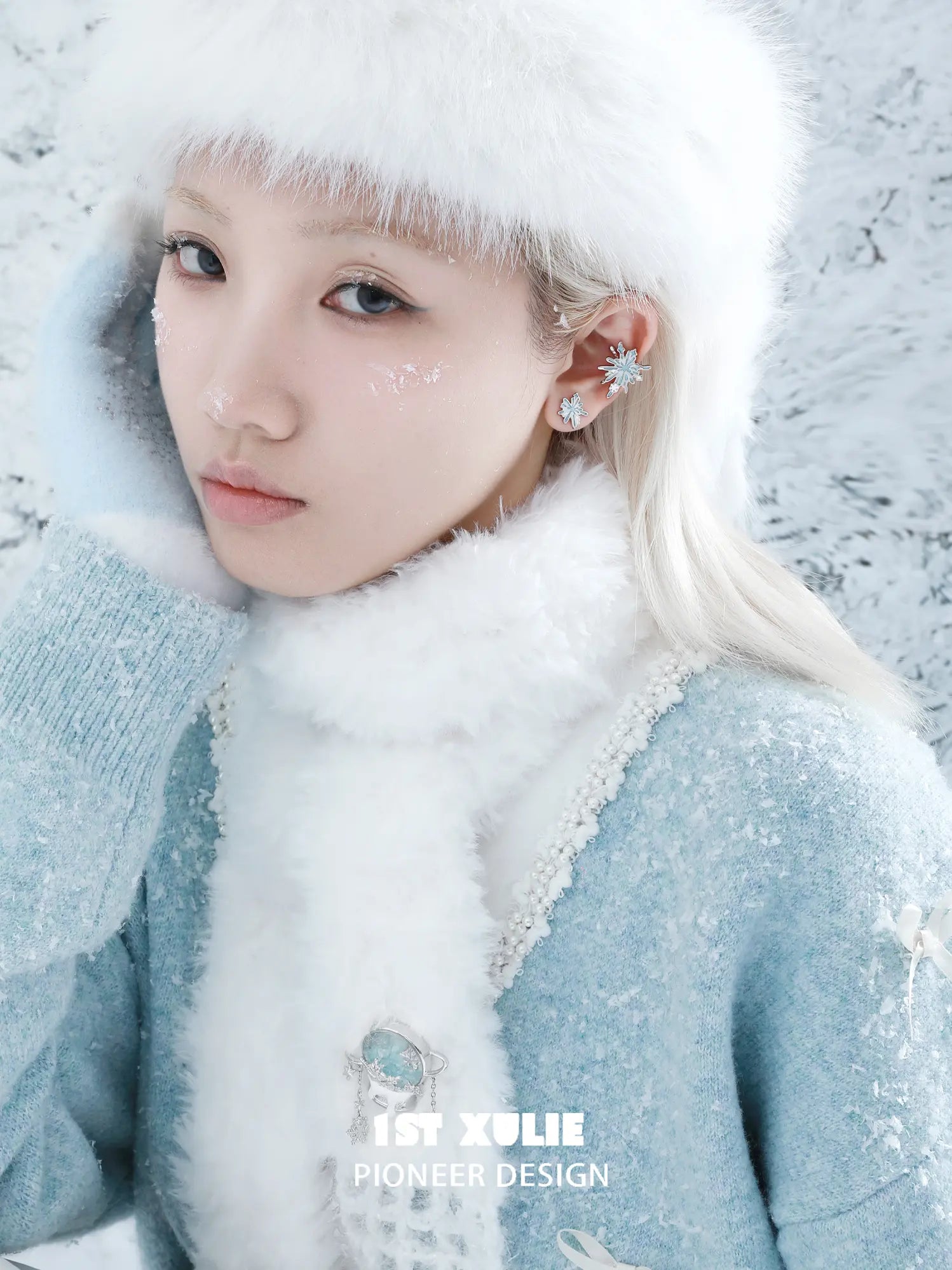 1ST XULIE Jewelry "Snow Land" Snowflake Asymmetrical Stud Earrings in Platinum Plated - On Model
