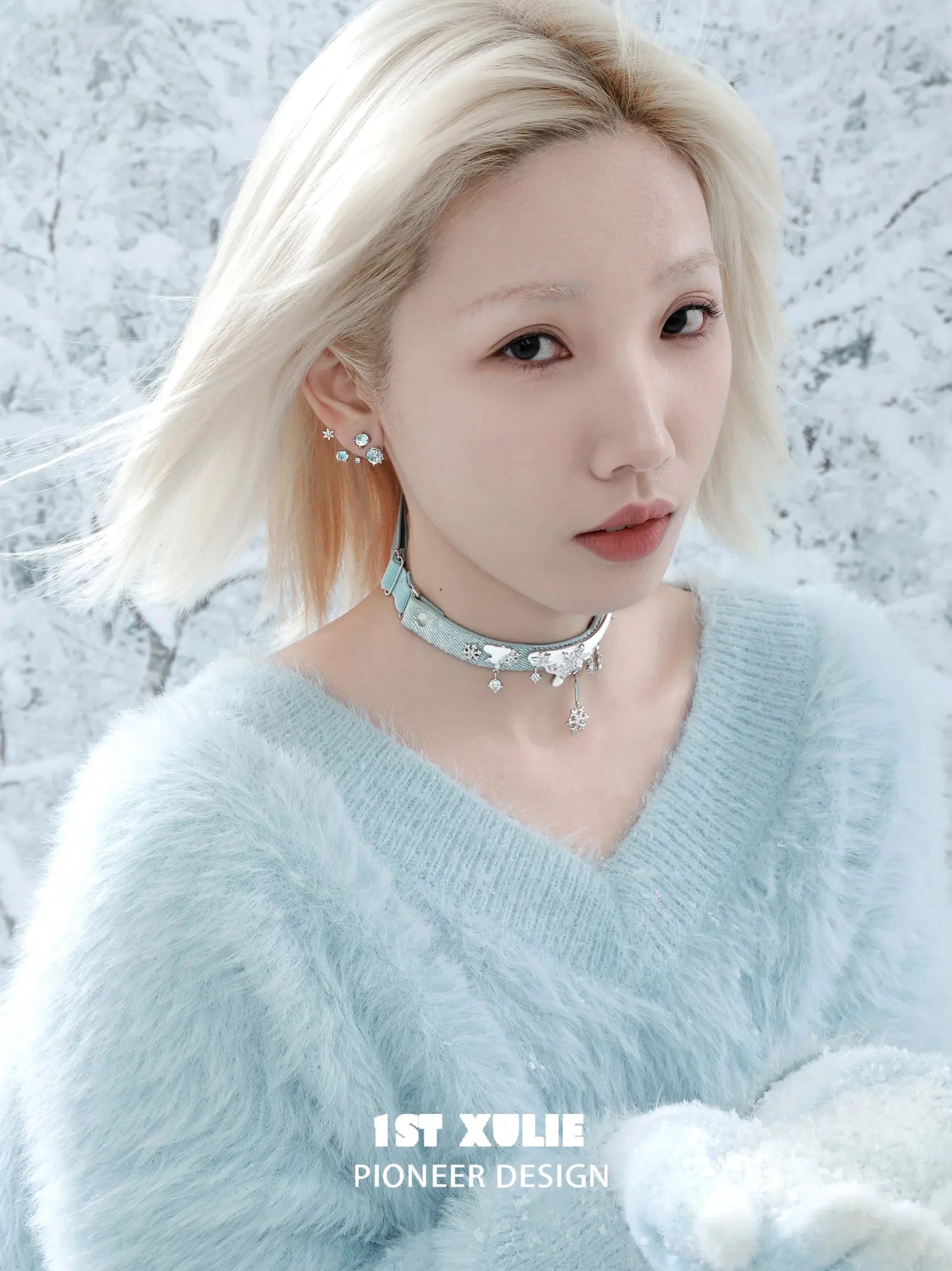 1ST XULIE "Snow Land" Snowflake Convertible Choker in Microfiber and Platinum - Lifestyle Shot