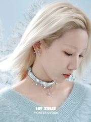 1ST XULIE "Snow Land" Snowflake Convertible Choker in Microfiber and Platinum - On Model as Choker