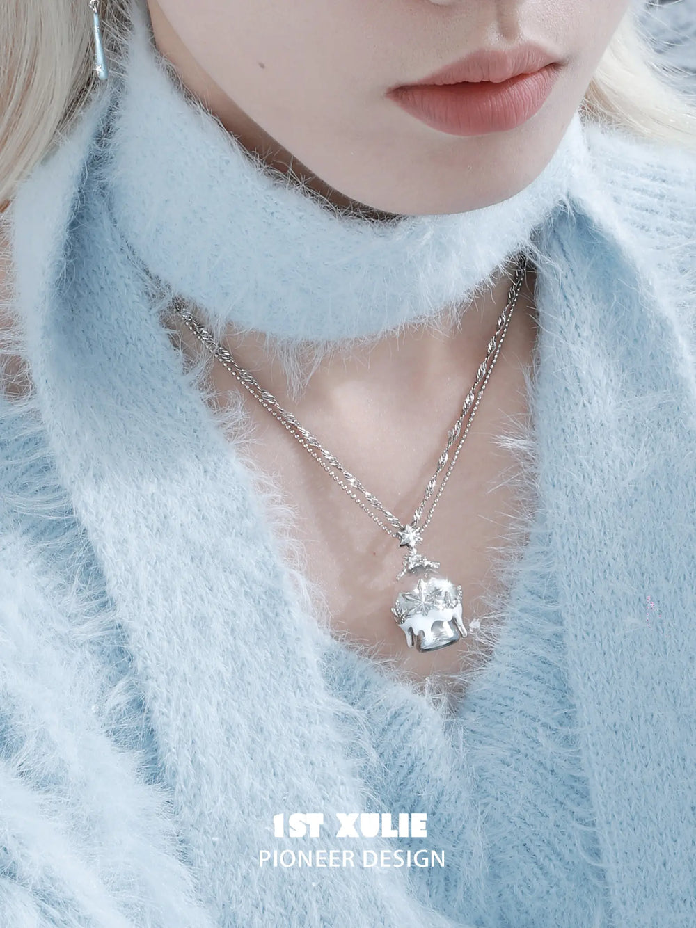 1ST XULIE Jewelry "Snow Land" Snowflake Crystal Ball Pendant Necklace in Platinum Plated Brass - Blue Crystal Detail
