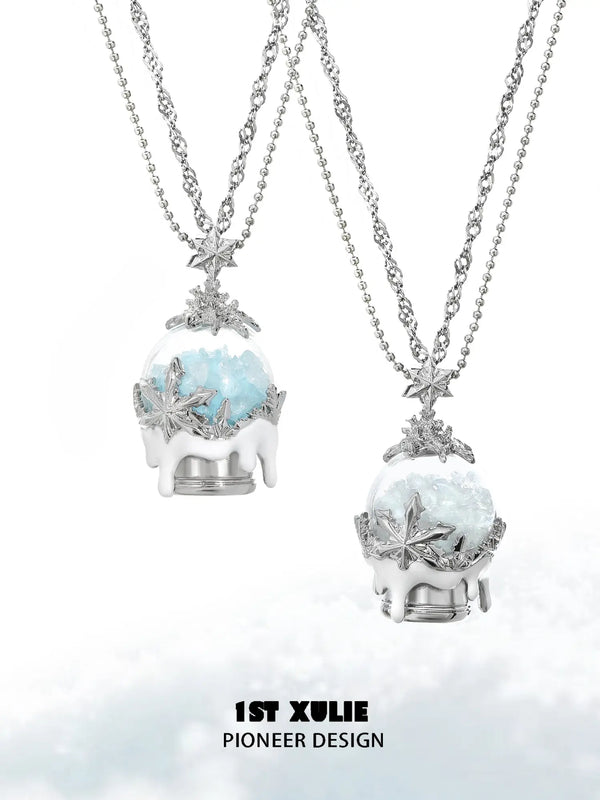 "Snow Land" Platinum Plated Snowflake Crystal Ball Pendant Necklace, Zirconia