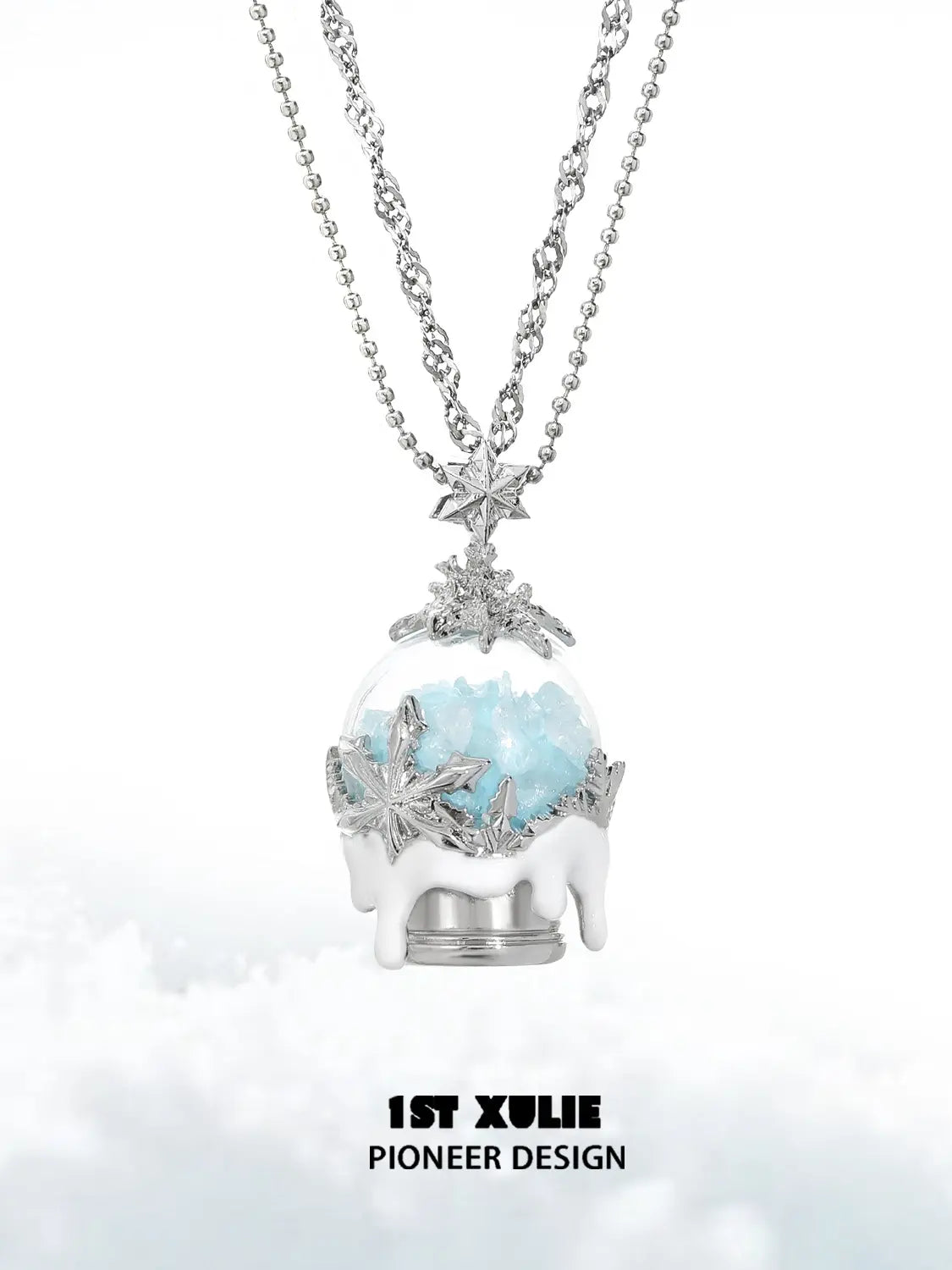 1ST XULIE Jewelry "Snow Land" Snowflake Crystal Ball Pendant Necklace in Platinum Plated Brass - Lifestyle Shot