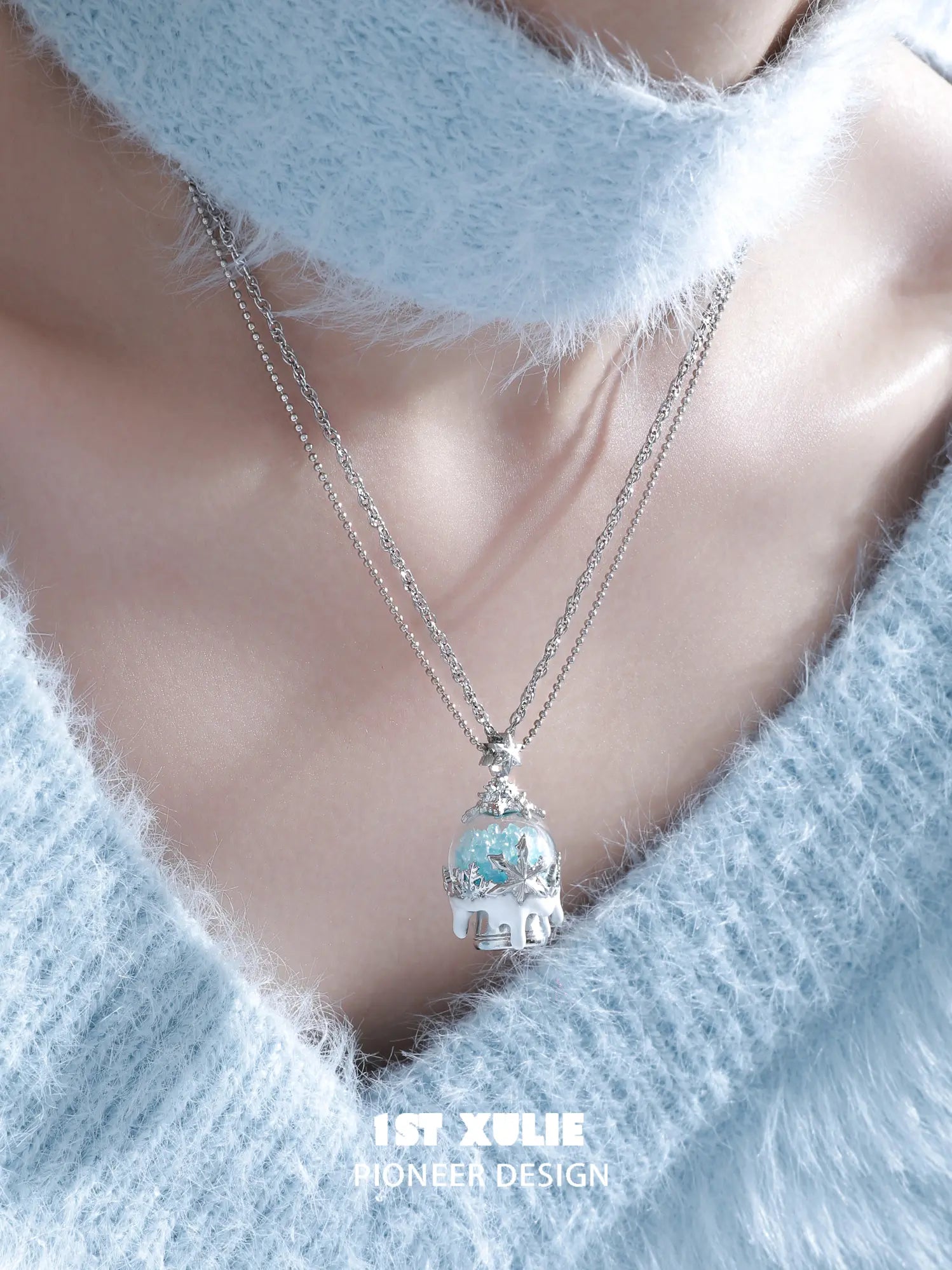 1ST XULIE Jewelry "Snow Land" Snowflake Crystal Ball Pendant Necklace in Platinum Plated Brass - Product View