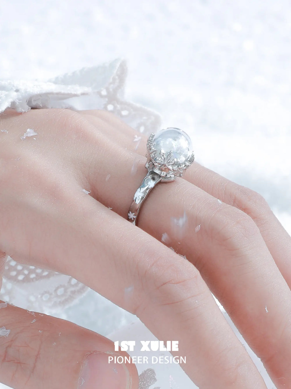 1ST XULIE "Snow Land" Snowflake Crystal Ball Statement Ring in 925 Sterling Silver - Angle 1