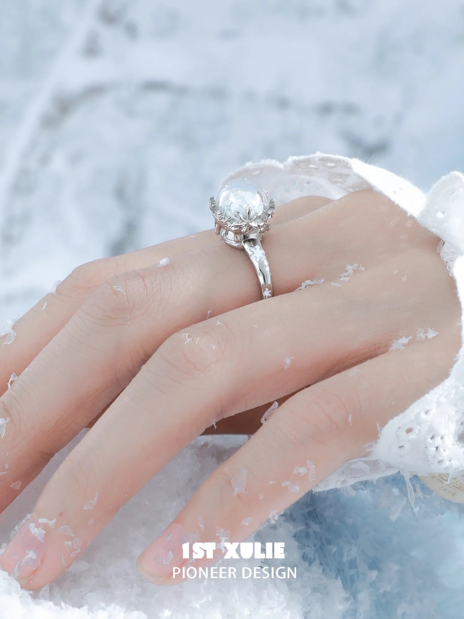 1ST XULIE "Snow Land" Snowflake Crystal Ball Statement Ring in 925 Sterling Silver - Lifestyle Shot