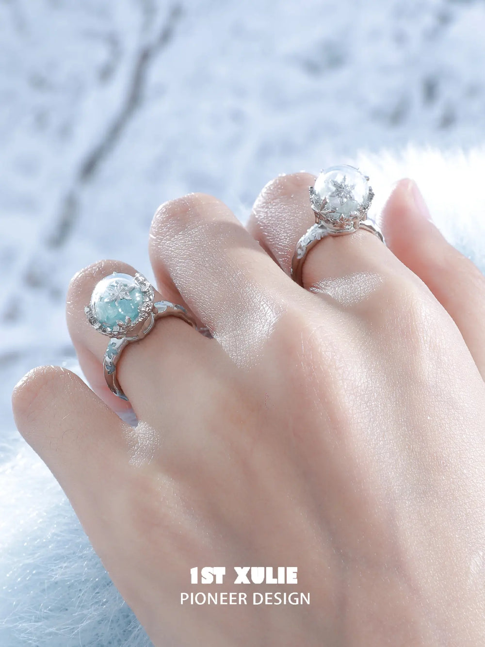 1ST XULIE "Snow Land" Snowflake Crystal Ball Statement Ring in 925 Sterling Silver - Product View