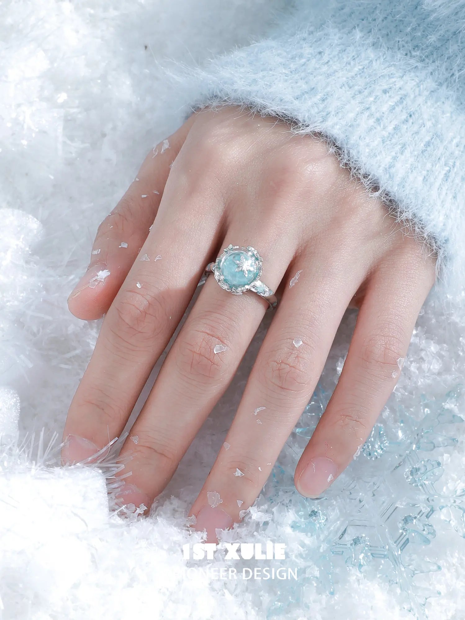 1ST XULIE "Snow Land" Snowflake Crystal Ball Statement Ring in 925 Sterling Silver - On Model
