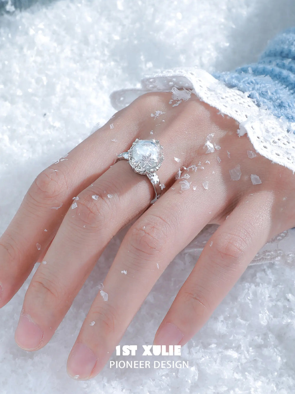 1ST XULIE "Snow Land" Snowflake Crystal Ball Statement Ring in 925 Sterling Silver - Side View