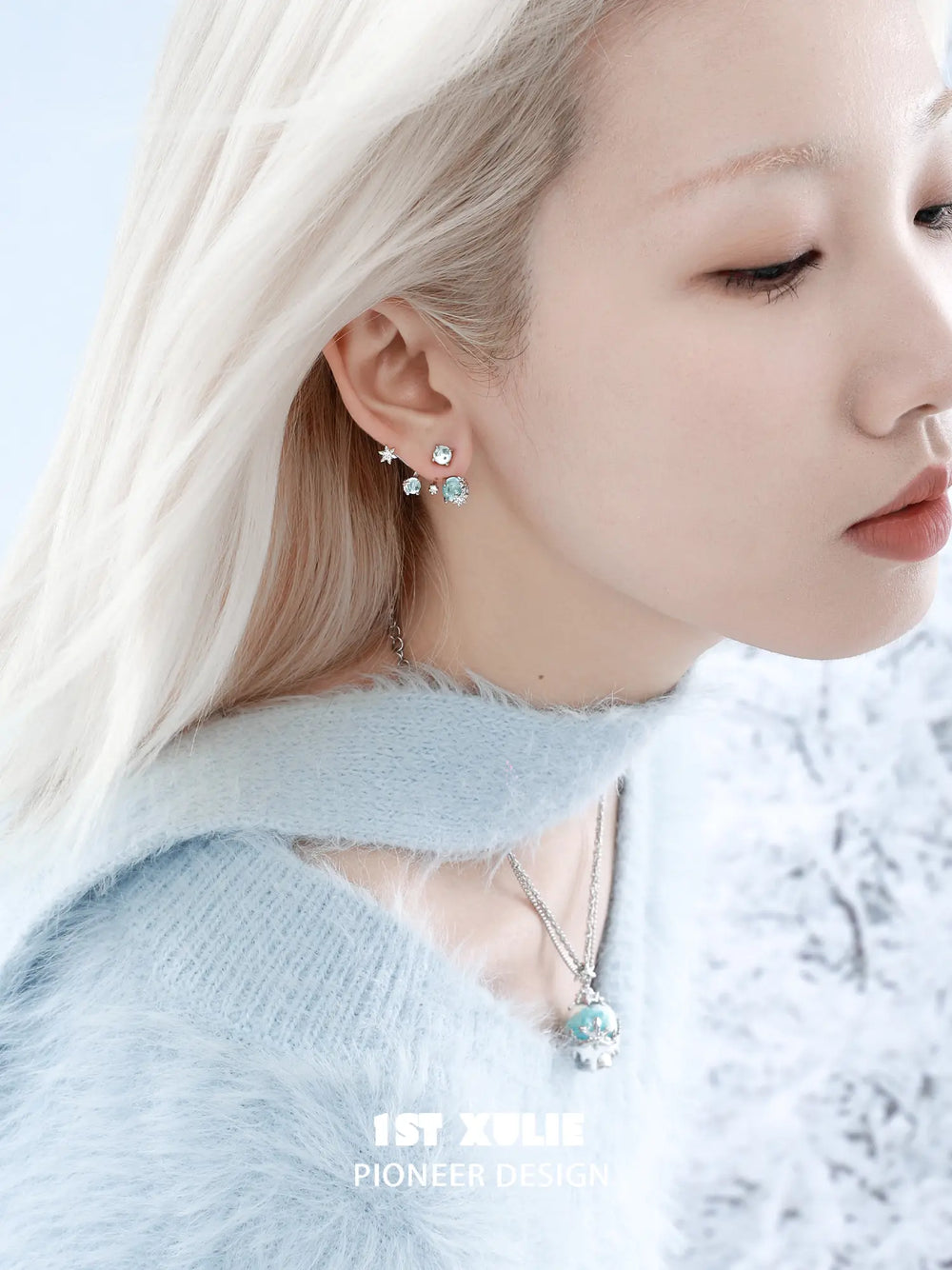 1ST XULIE "Snow Land" Snowflake Dangle Earrings in Platinum Plated - On Model