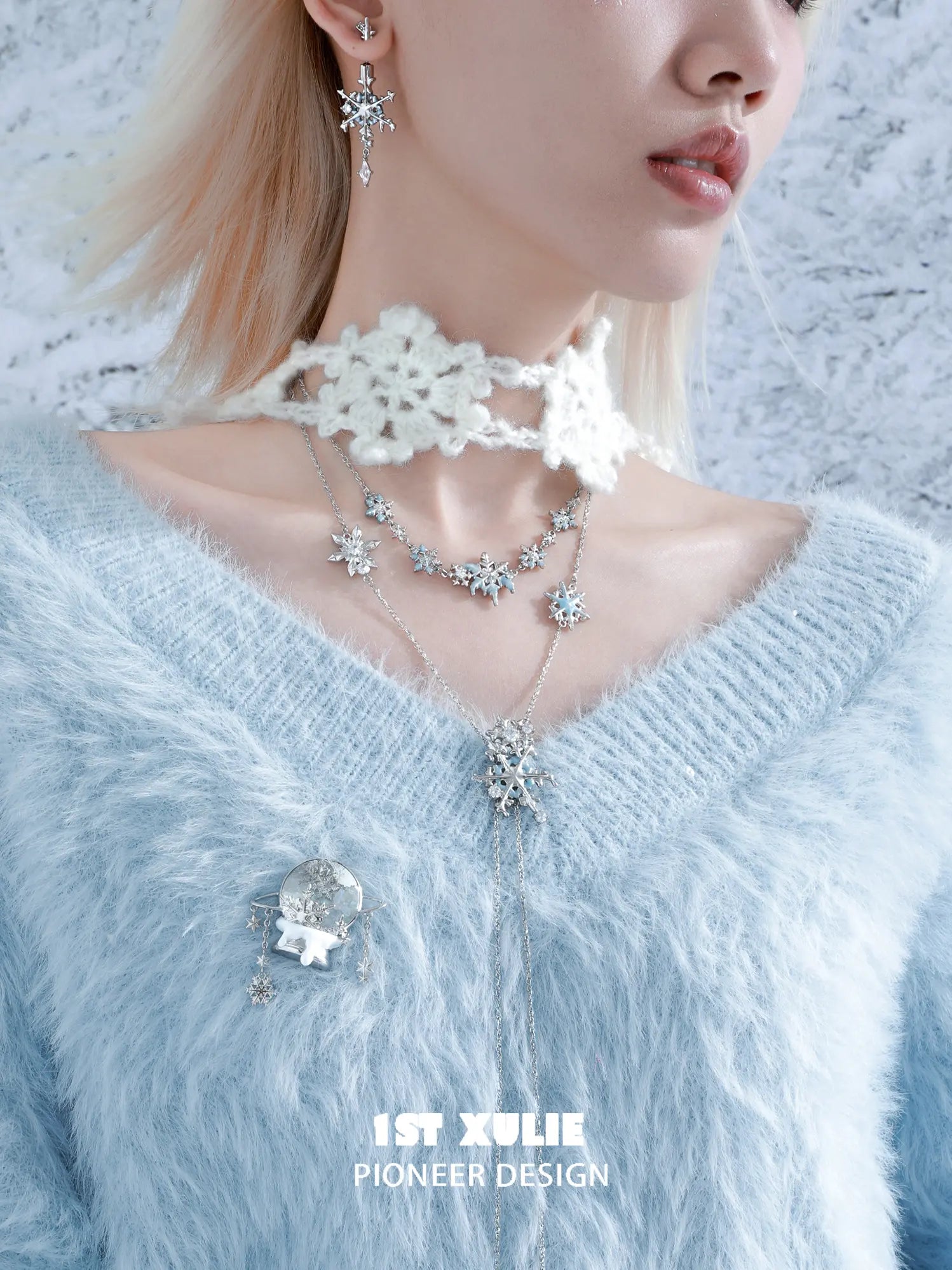 1ST XULIE Jewelry "Snow Land" Snowflake Pendant Necklace in Platinum Plated Brass - Angle View