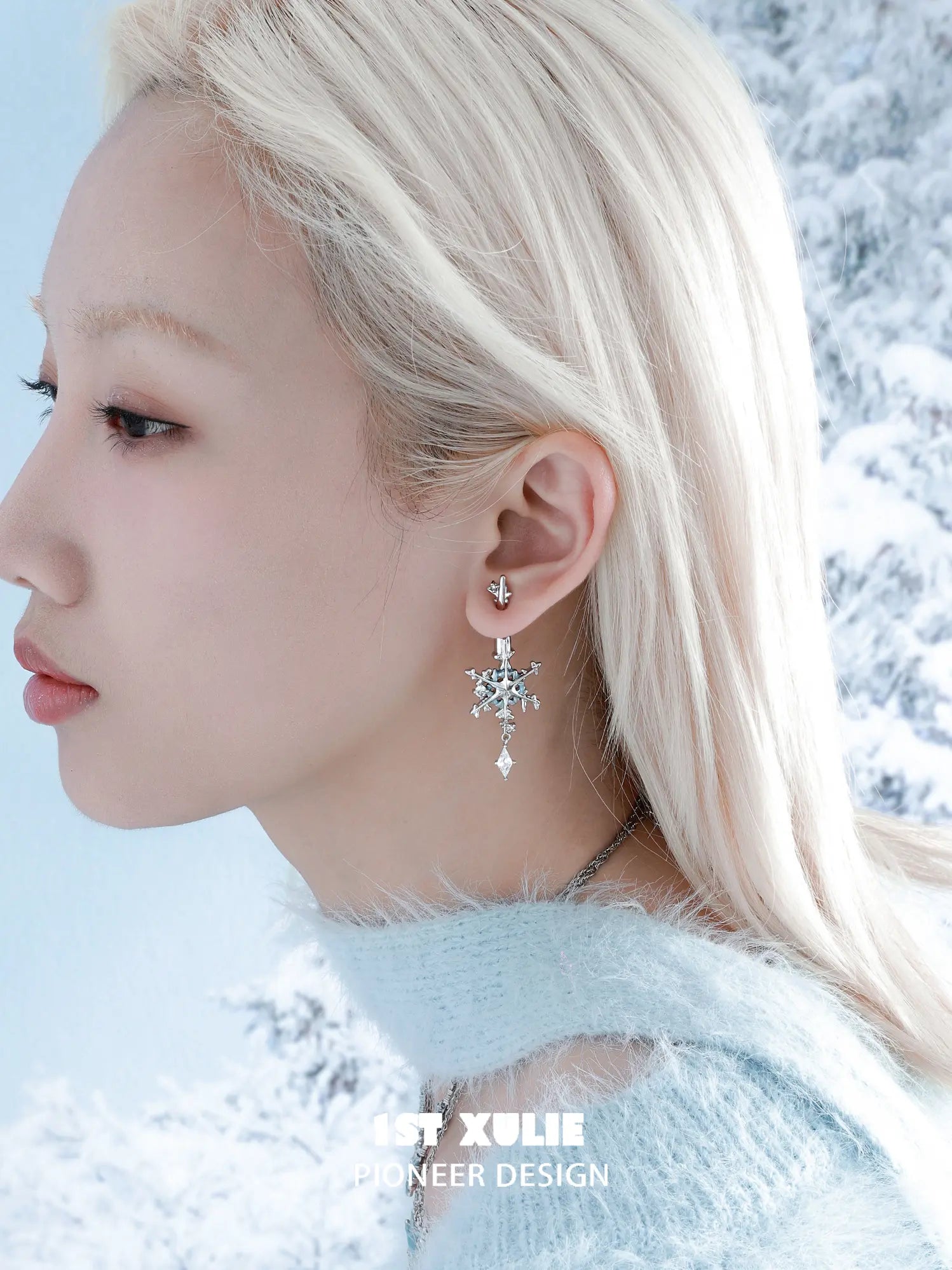 1ST XULIE Jewelry "Snow Land" Snowflake Zirconia Stud Earrings in Platinum Plated - Lifestyle Shot