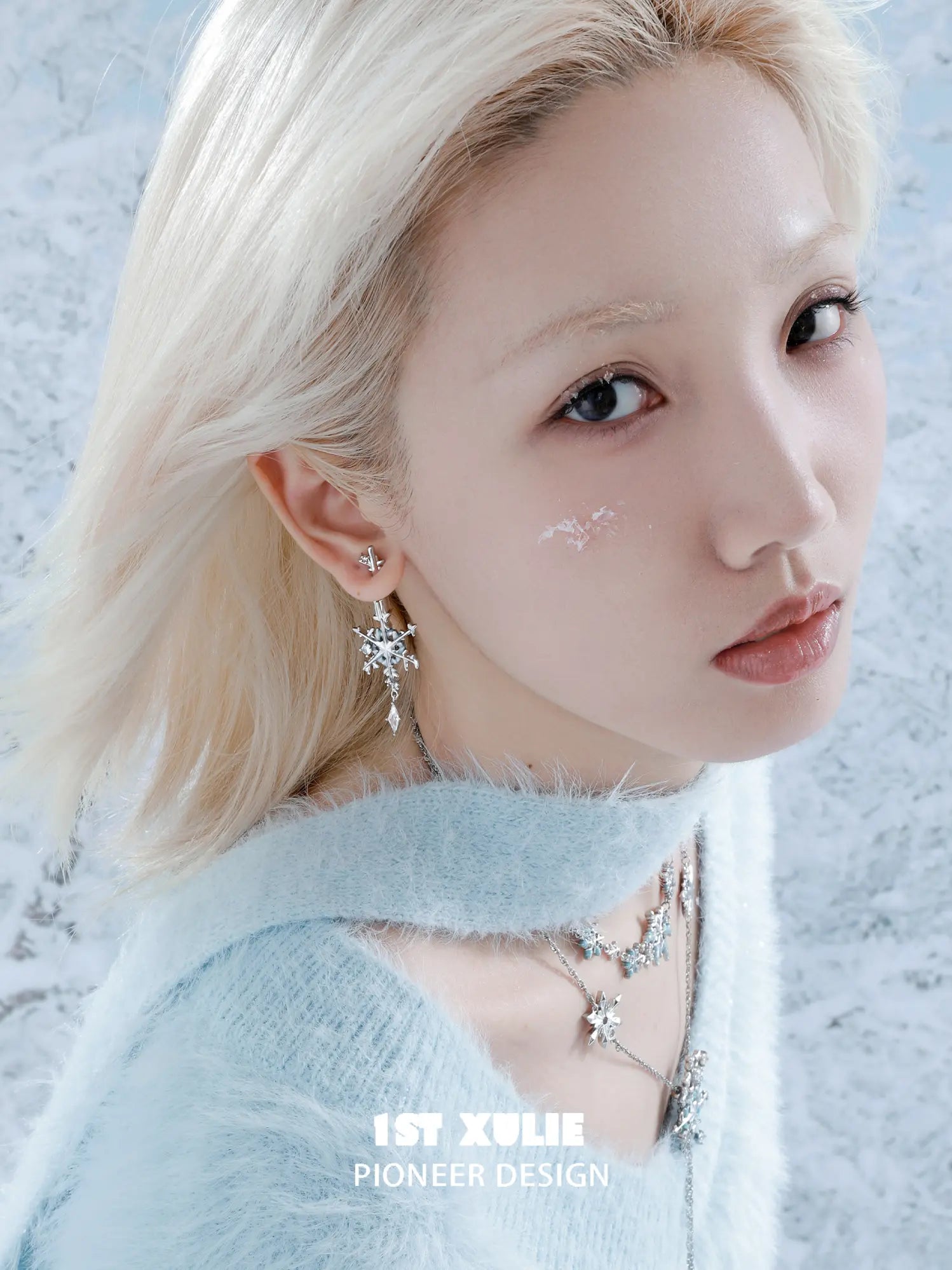 1ST XULIE Jewelry "Snow Land" Snowflake Zirconia Stud Earrings in Platinum Plated - On Model