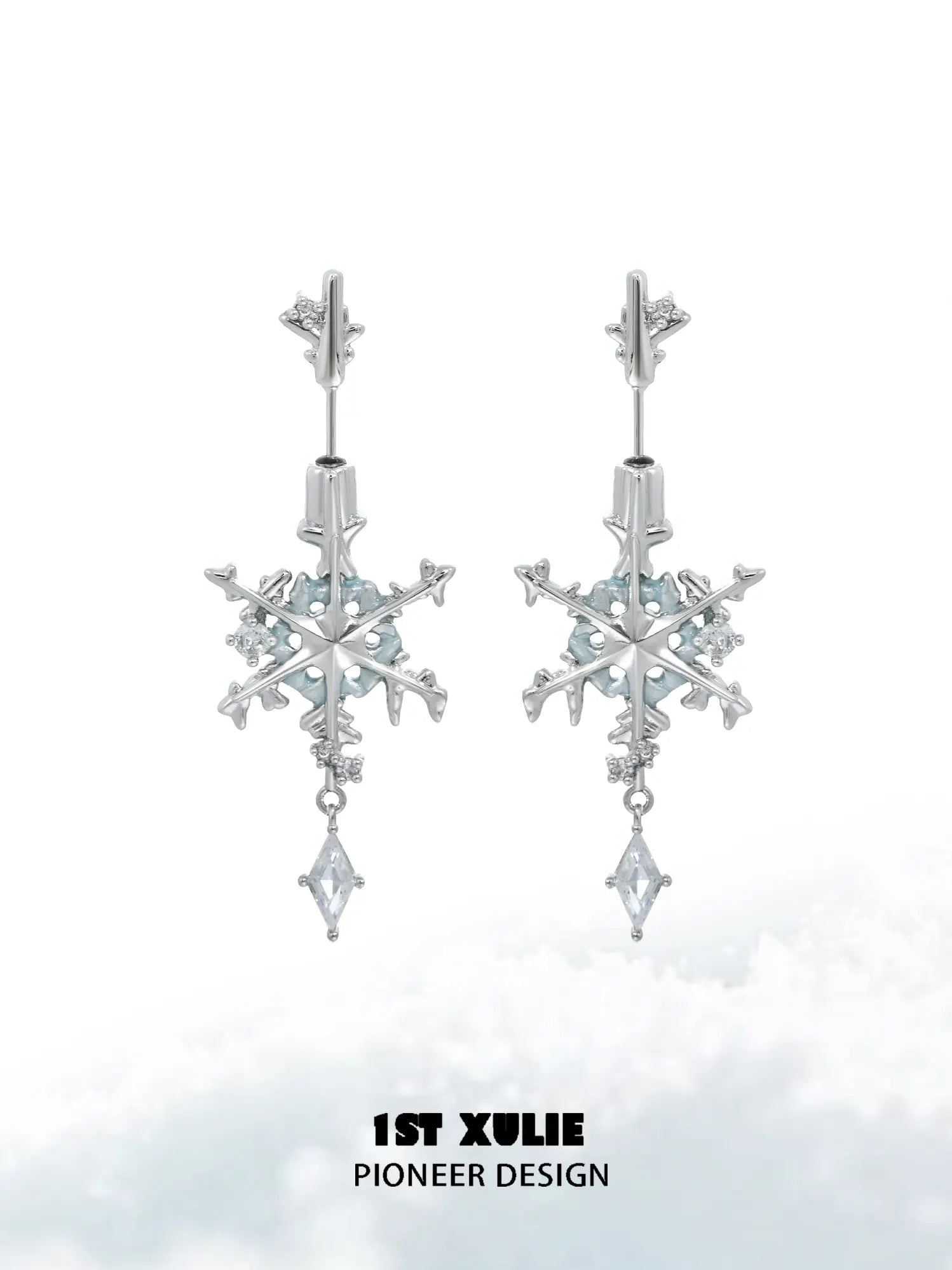 1ST XULIE Jewelry "Snow Land" Snowflake Zirconia Stud Earrings in Platinum Plated - Side View