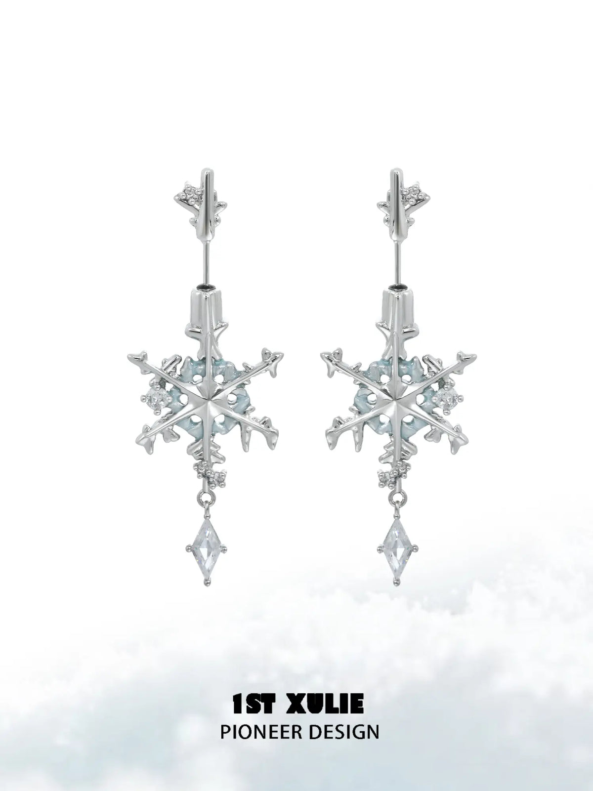 1ST XULIE Jewelry "Snow Land" Snowflake Zirconia Stud Earrings in Platinum Plated - Side View