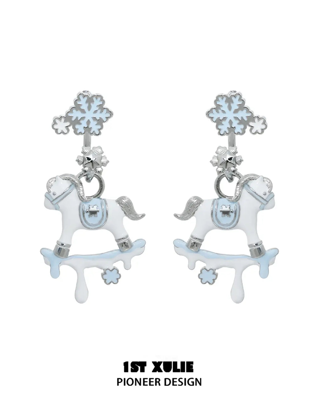 1ST XULIE Jewelry "Snowy Cuties" Snowy Pony Stud Drop Earrings in Platinum Plated Brass - Product View
