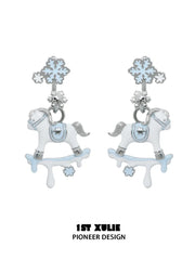 1ST XULIE Jewelry "Snowy Cuties" Snowy Pony Stud Drop Earrings in Platinum Plated Brass - Product View